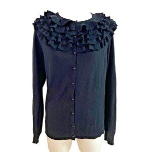 Ralph Lauren Women's Ruffle Front Cardigan Women's M Black Silk Blend Whimsical